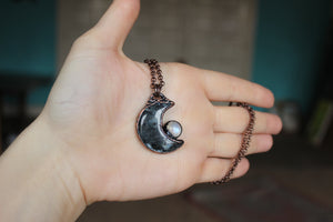Larvikite and Moonstone Moon Necklace - A