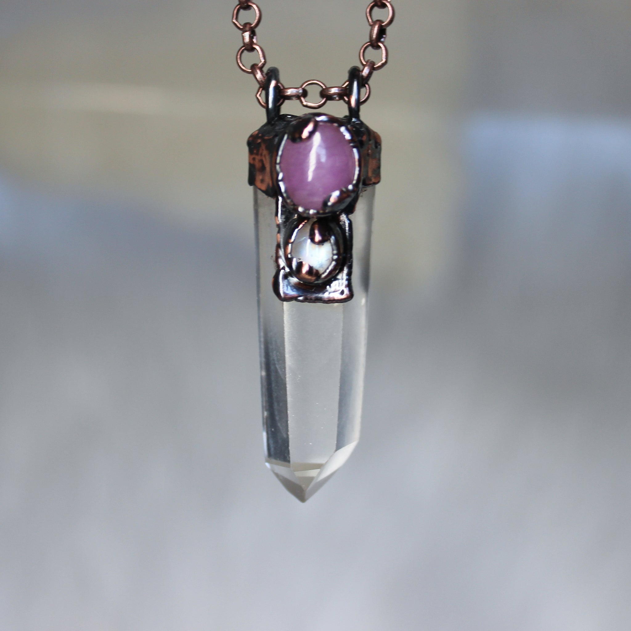 Phantom Quartz, Kunzite, Moonstone Point Necklace