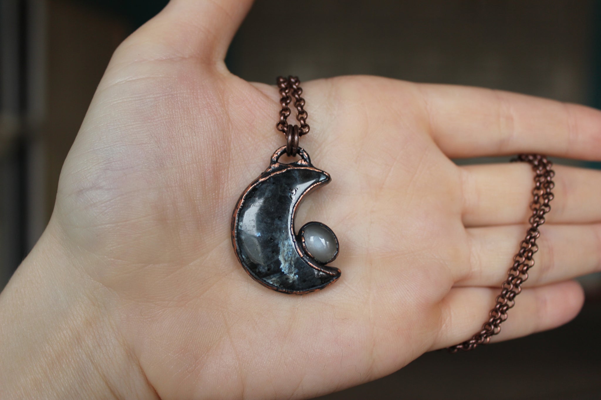 Larvikite and Moonstone Moon Necklace - C