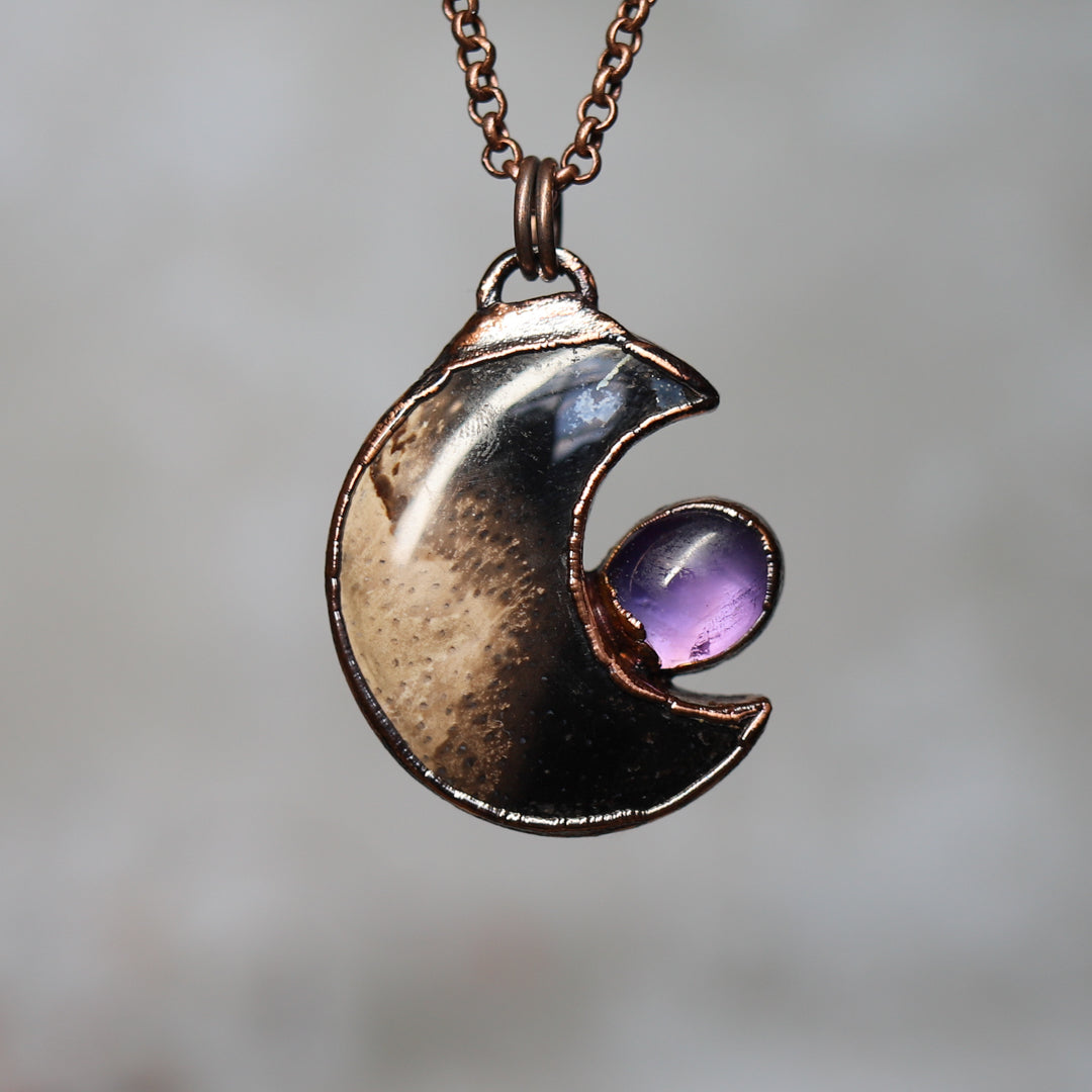 Fossil Palm Root Moon with Amethyst - c