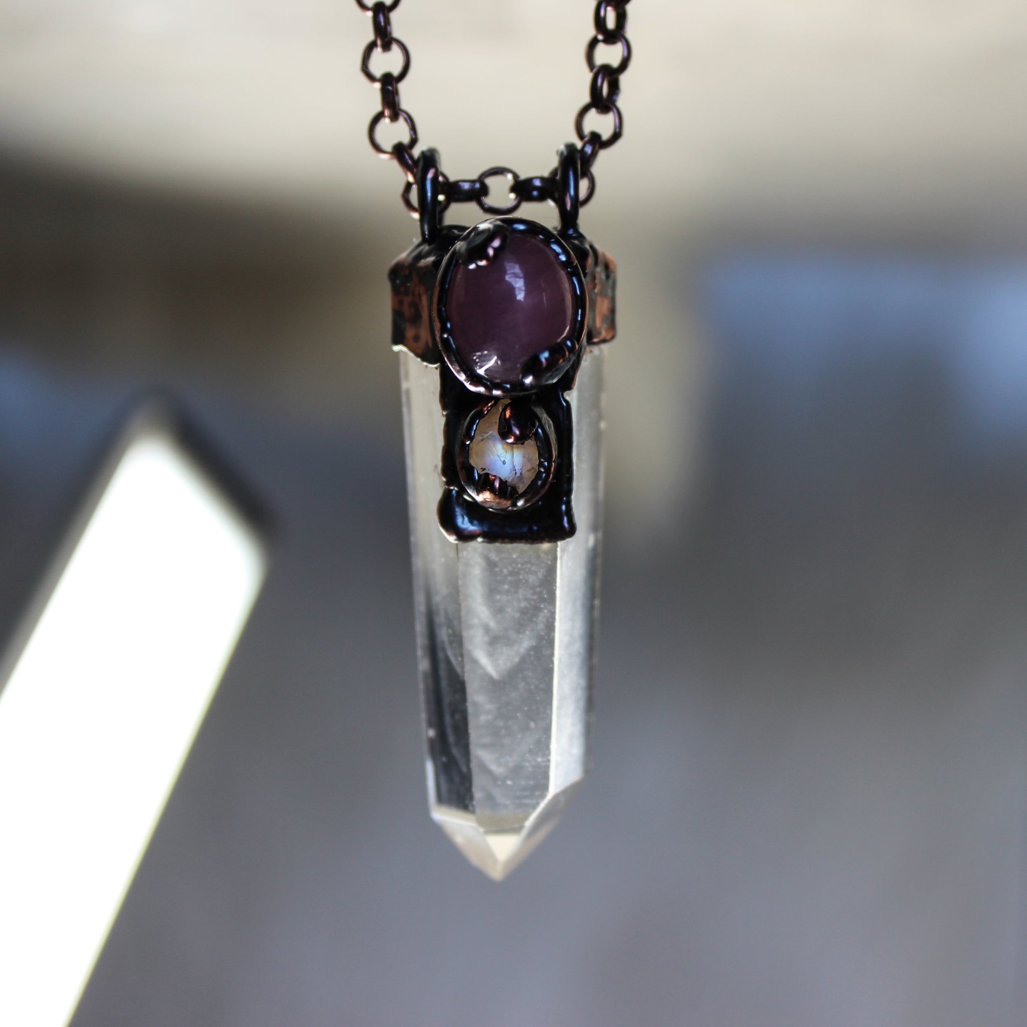 Phantom Quartz, Kunzite, Moonstone Point Necklace