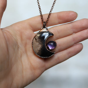Fossil Palm Root Moon with Amethyst - c