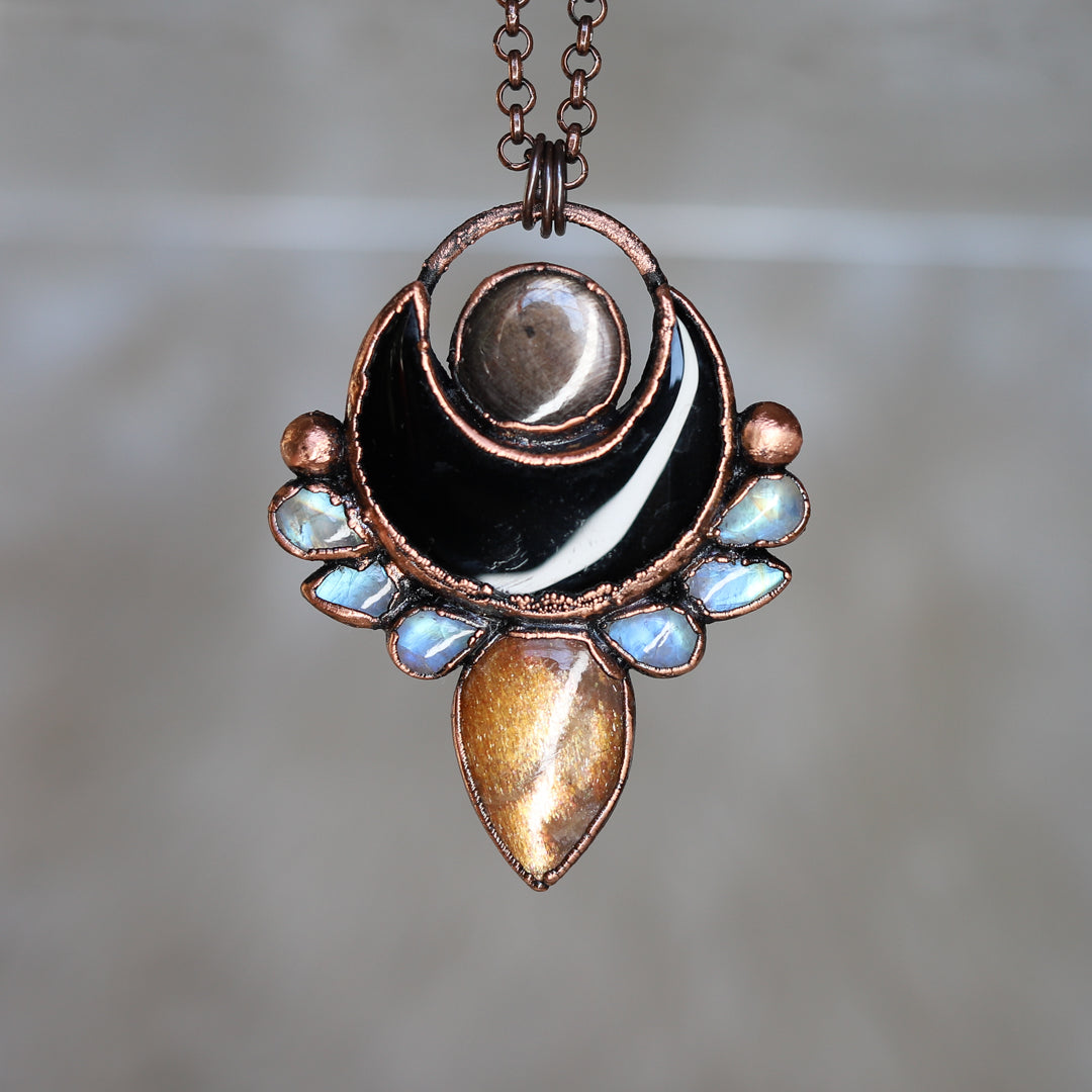 Onyx, Sapphire & Sunstone Crescent Necklace