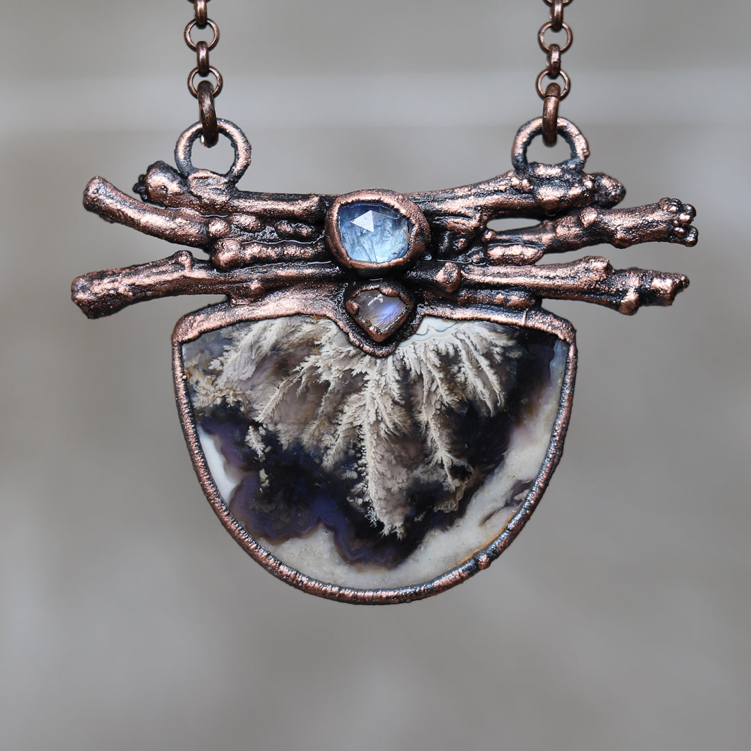Plume Agate with Tanzanite & Moonstone Twig Necklace