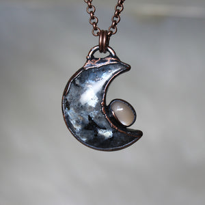 Larvikite and Moonstone Moon Necklace - B