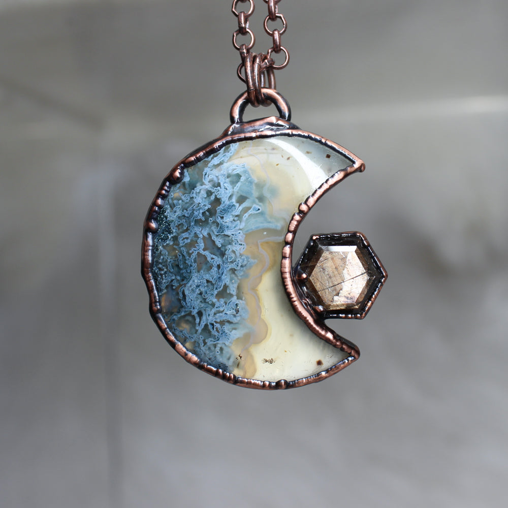 Moss Agate Moon with Gold Sapphire - b