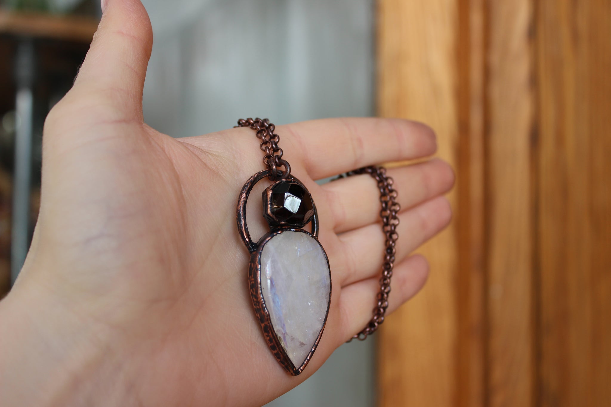 Garnet and Rainbow Moonstone Necklace