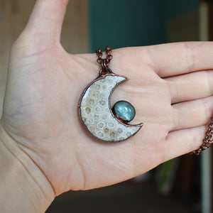 Fossil Coral Moon with Aquamarine - A