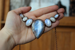 Sun/Moonstone Bib Necklace with white Moonstones