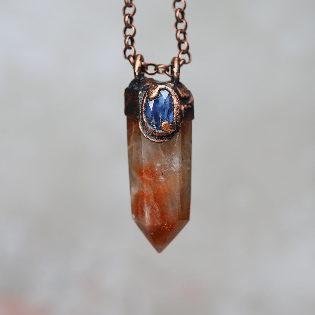 Green Quartz/Sunstone with Kyanite Necklace (a)