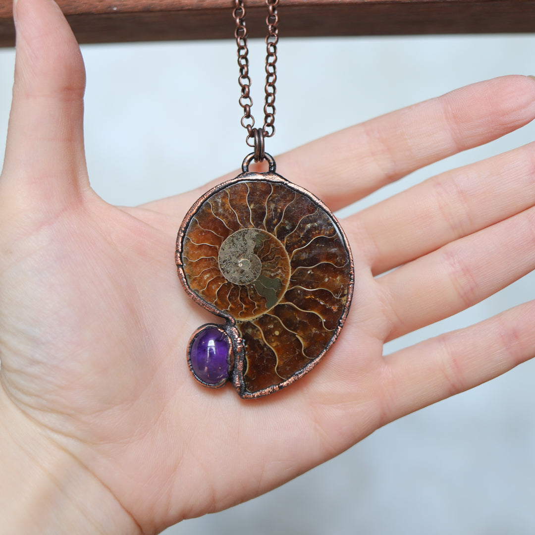 GIANT Ammonite Fossil Necklace with Amethyst