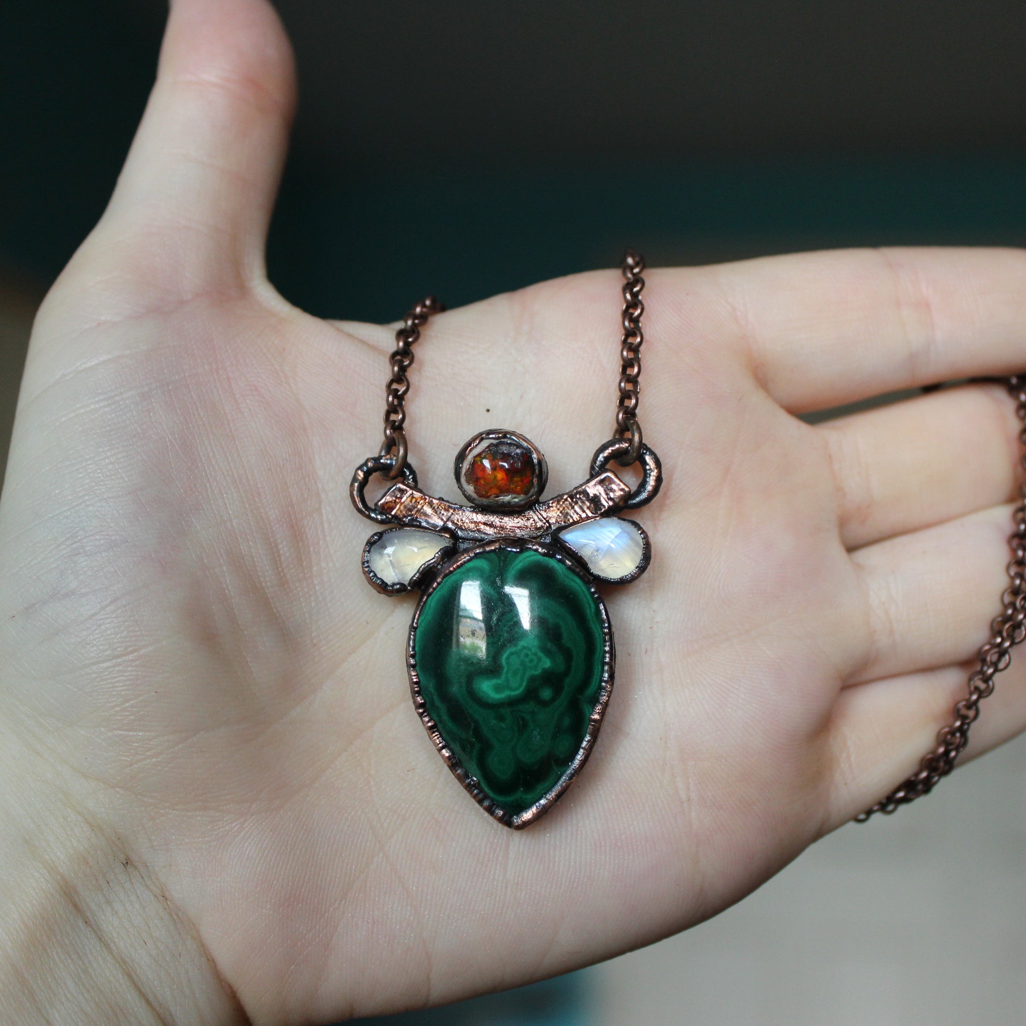 Malachite, Galaxy Opal, & Moonstone Necklace
