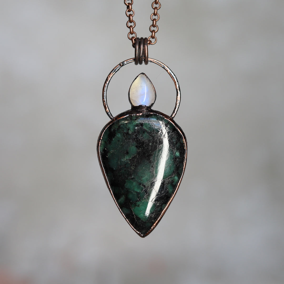 Emerald & Rainbow Moonstone Necklace - a
