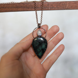 Emerald & Rainbow Moonstone Necklace - a