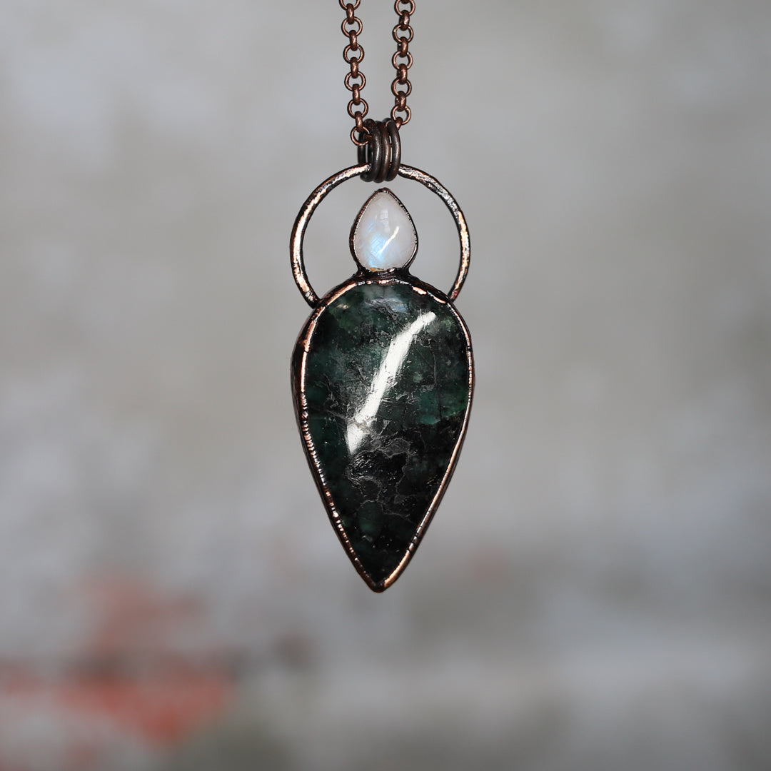 Emerald & Rainbow Moonstone Necklace - b