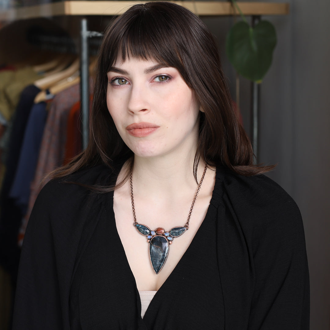 Moss Kyanite, Sunstone & Moonstone Cluster Bib Necklace