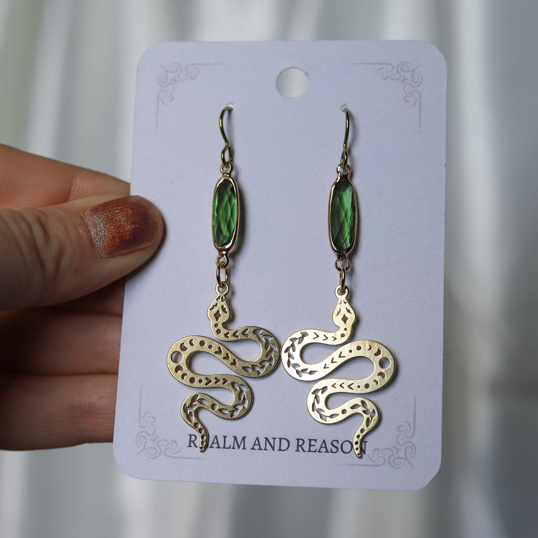 Green Gem Snake Earrings
