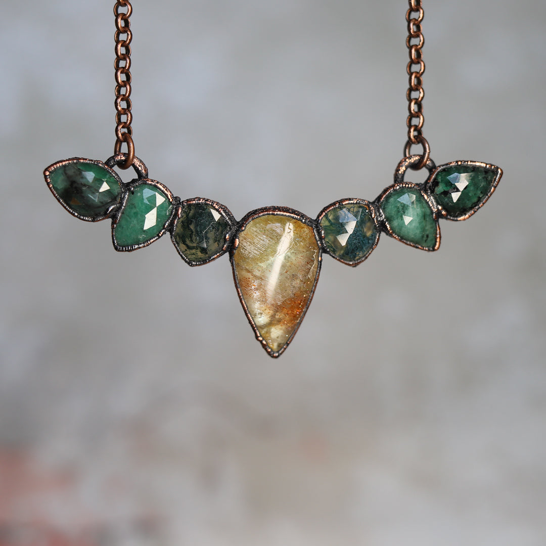Oregon Sunstone, Emerald & Moss Agate Bib Necklace