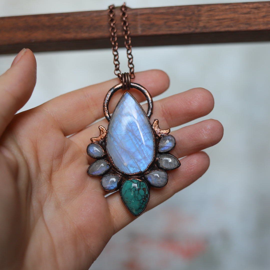 Moonstone and Turquoise Moon Phase Necklace