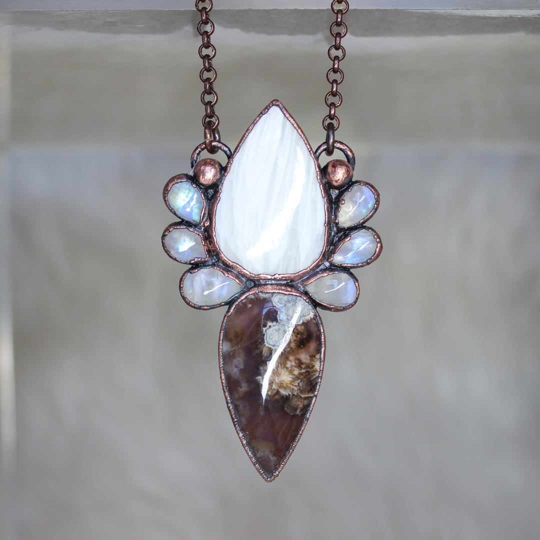 Scolecite, Plume Agate & Moonstone Cluster Necklace