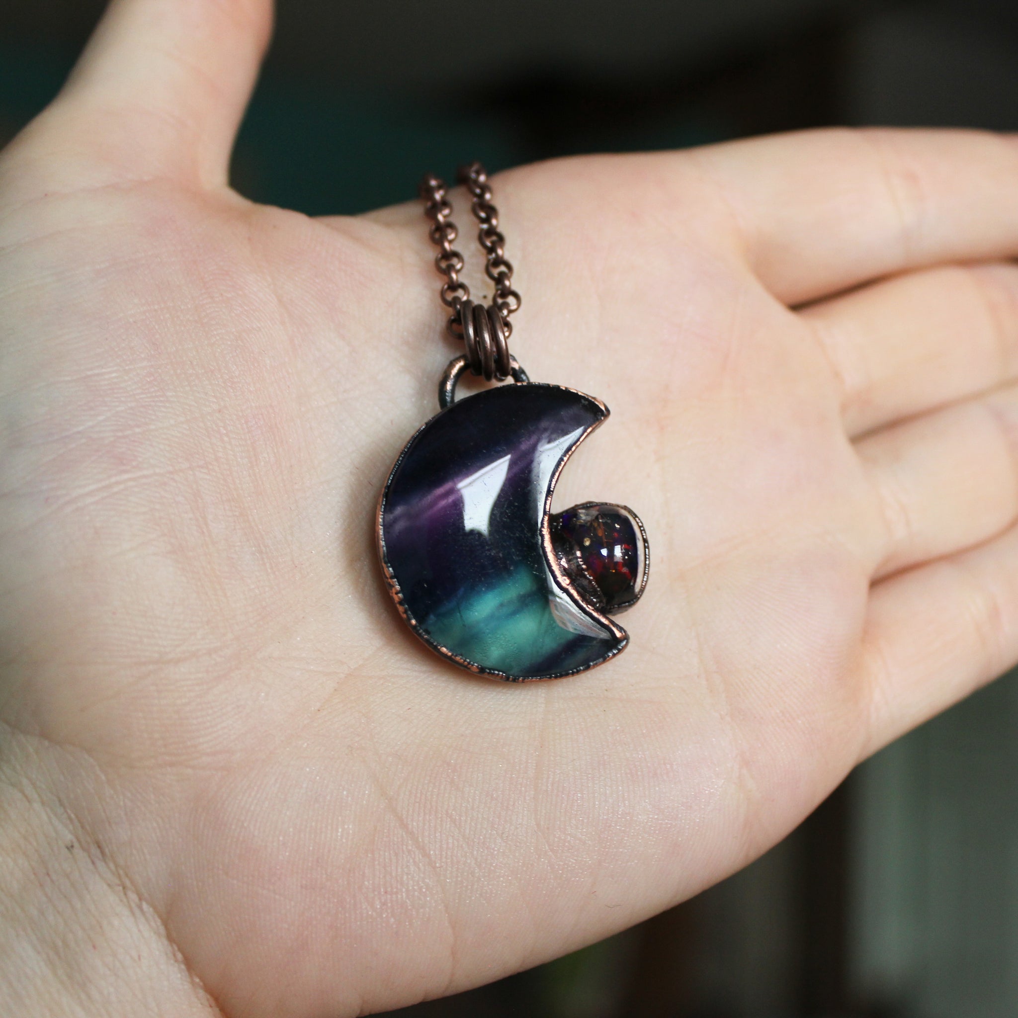 Fluorite Crescent Moon with Galaxy Opal - A