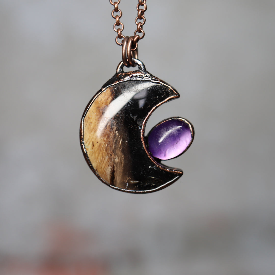 Fossil Palm Root Moon with Amethyst Necklace - a