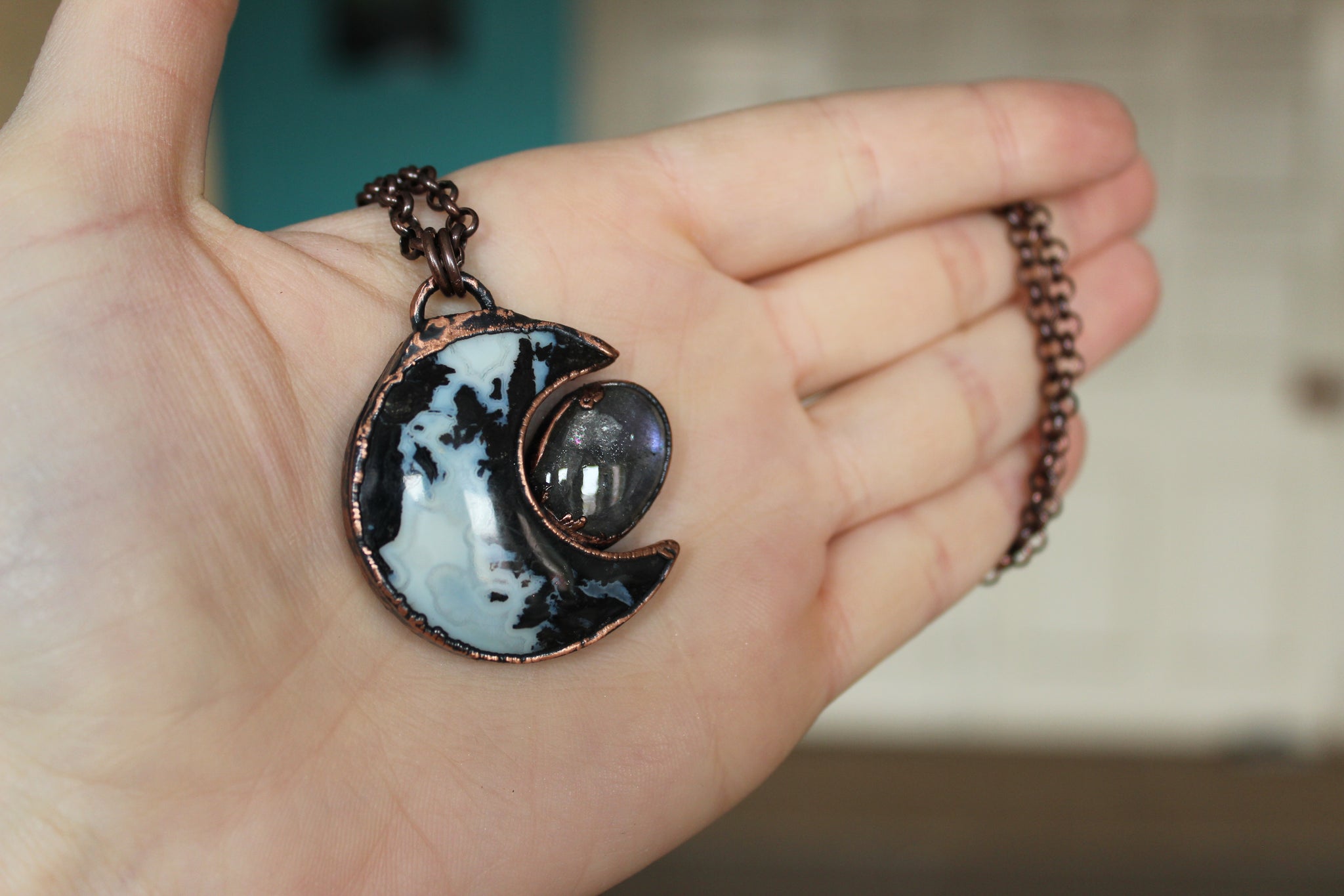Fossilized Palm Root Moon with Purple Labradorite
