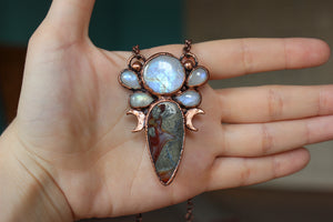 Marcasite in Red Agate with Rainbow Moonstone Necklace