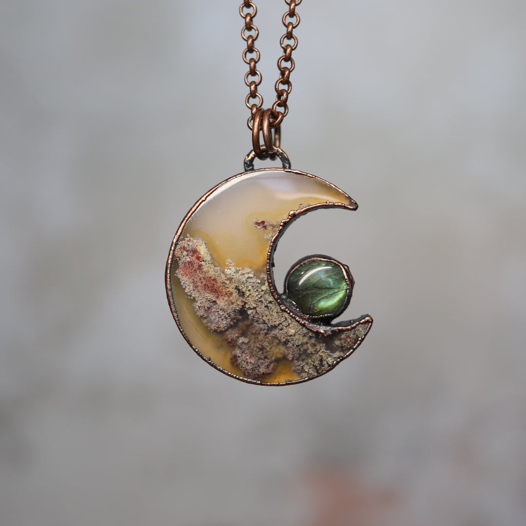 Moss Agate & Labradorite Moon Necklace - b