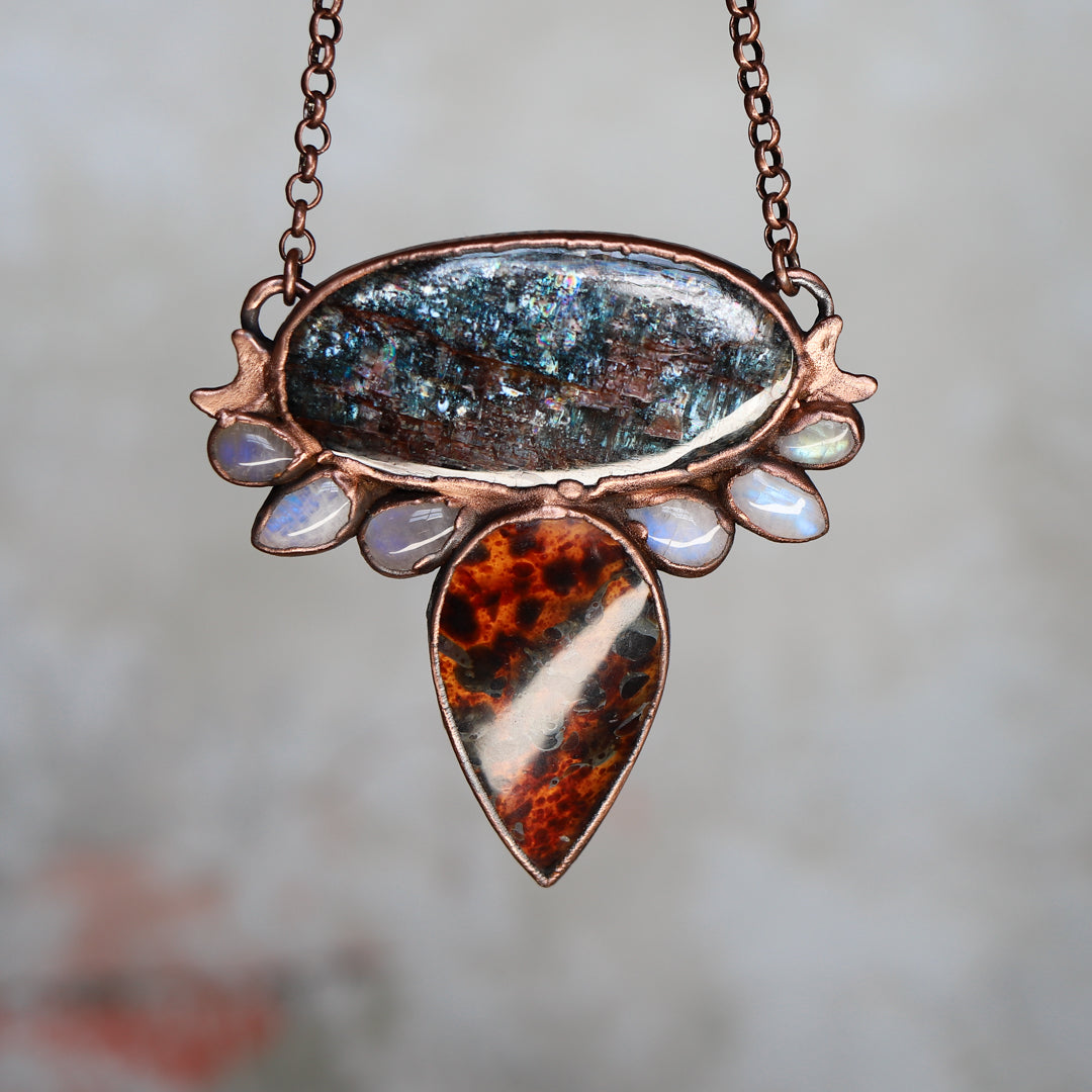 Moss Kyanite & Amber Moon Phase Necklace