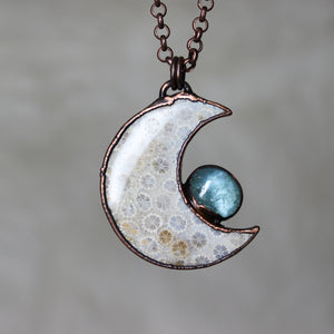 Fossil Coral Moon with Aquamarine - A