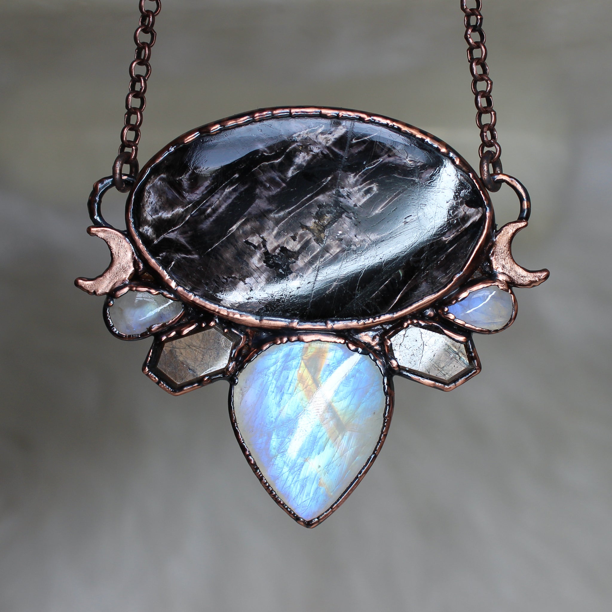 Hypersthene, Moonstone, & Sapphire Moon Phase Necklace