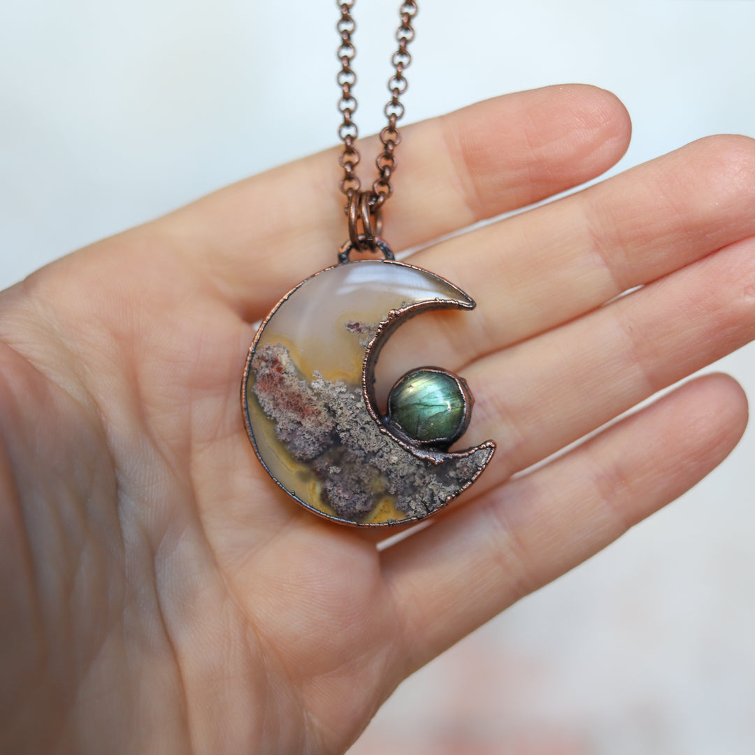 Moss Agate & Labradorite Moon Necklace - b