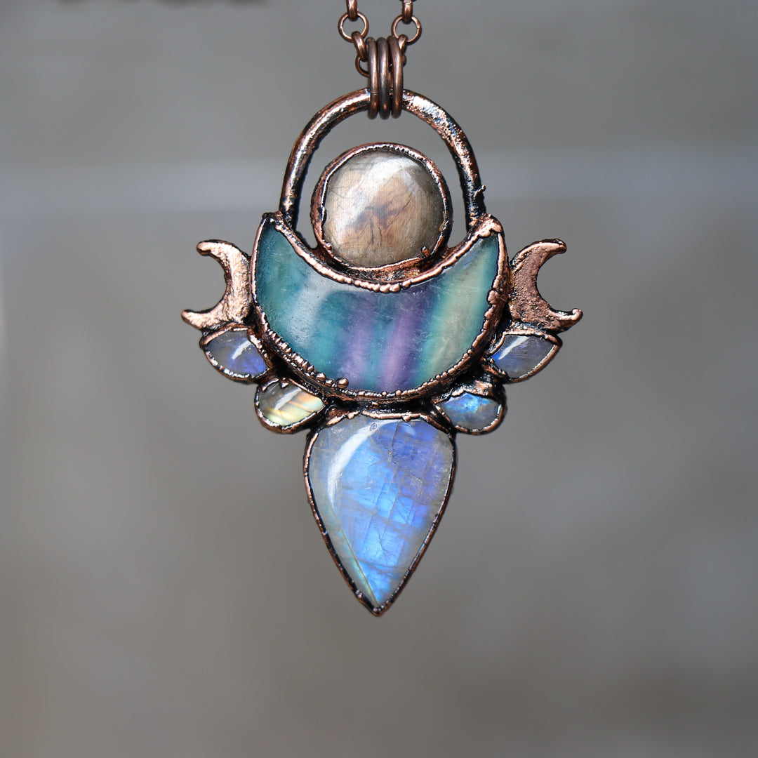 Sapphire, Moonstone & Flourite Crescent Necklace
